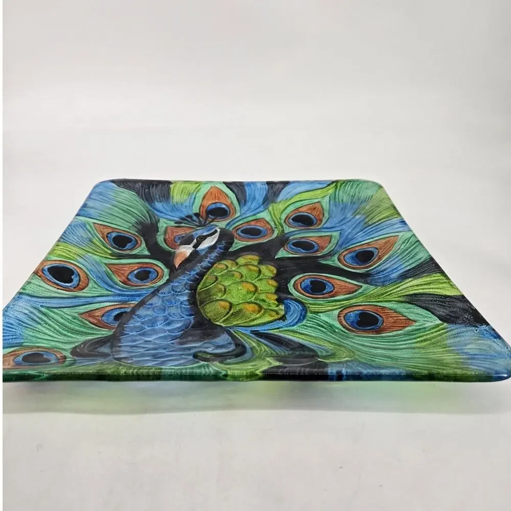 Hand Painted Peacock Plate Square Glass Beautiful Display Piece 12